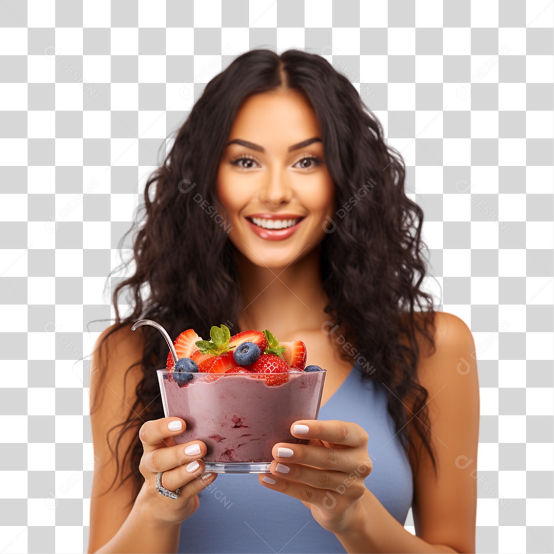 Mulher com Pote de Açaí nas Mãos PNG Transparente
