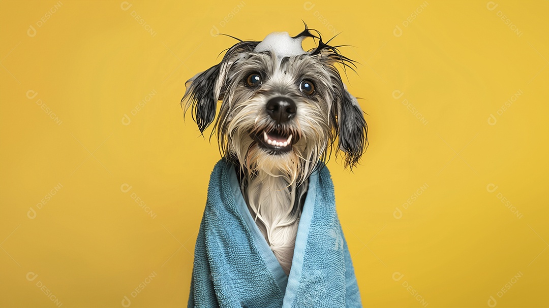 Cachorro molhado com espuma na cabeça e toalha