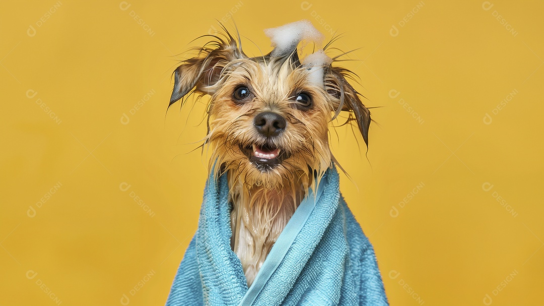 Cachorro peludo molhado com espuma na cabeça e toalha no corpo