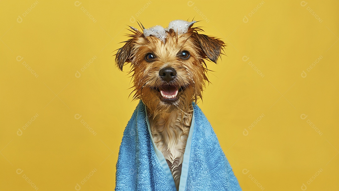 Cachorro peludo molhado com espuma na cabeça e toalha no corpo