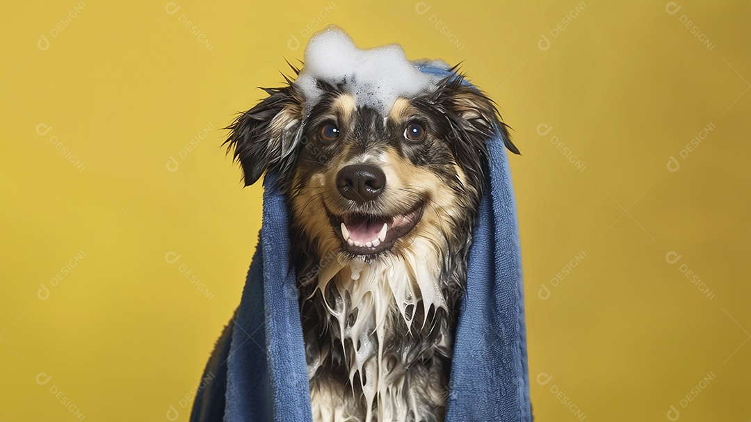 Cachorro peludo de porte grande com toalha e espuma na cabeça