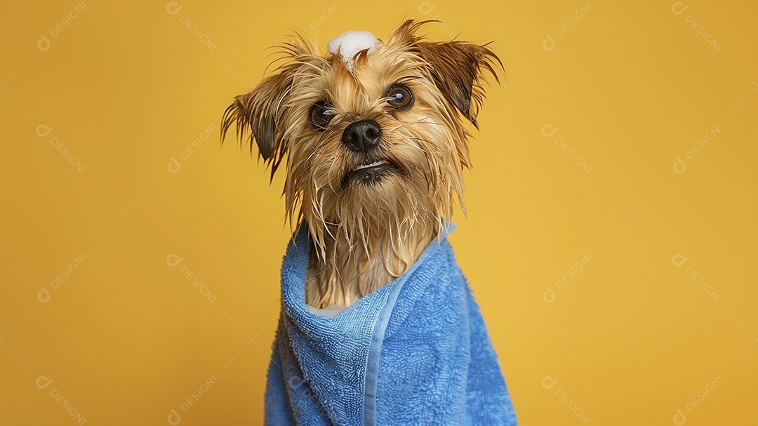 Cachorro molhado com espuma na cabeça e toalha