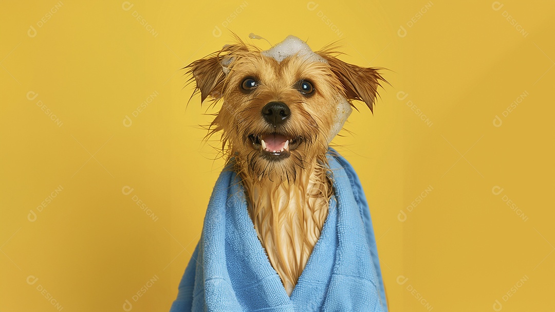 Cachorro peludo de pelagem clara com toalha de pós banho