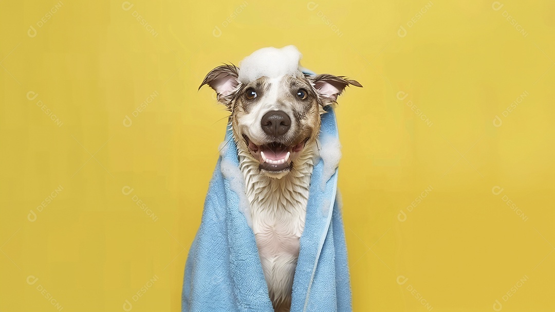 Cachorro com espuma do banho e toalha