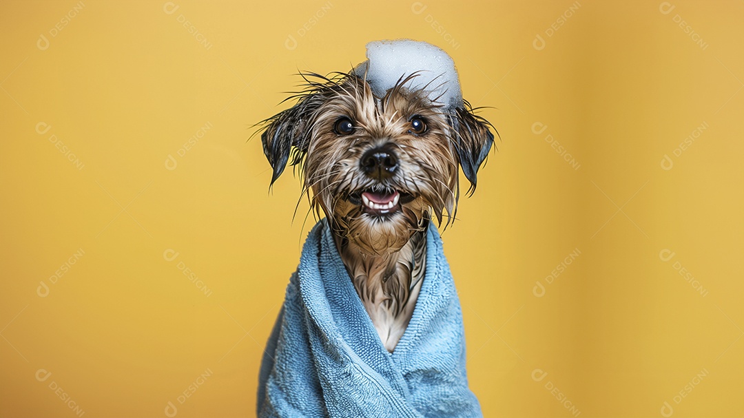 Cachorro peludo molhado com espuma na cabeça e toalha no corpo