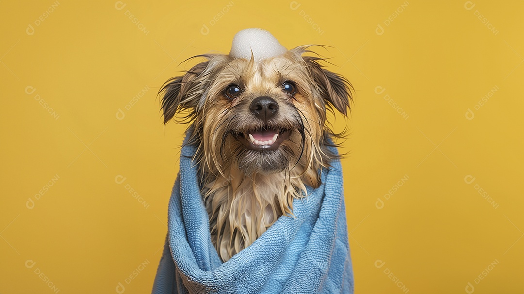 Cachorro de porte pequeno molhado com espuma na cabeça e toalha