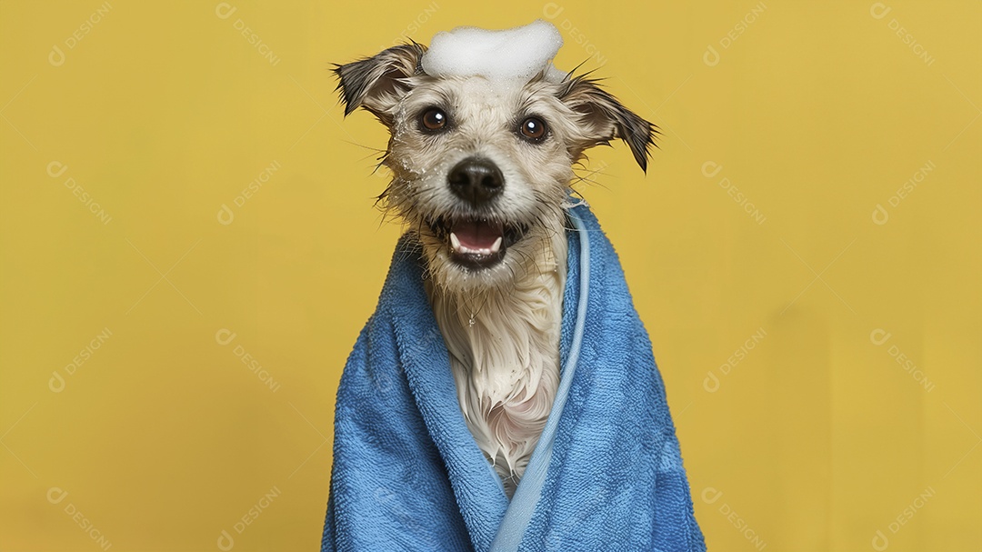Cachorro engraçado com toalha e espuma na cabeça