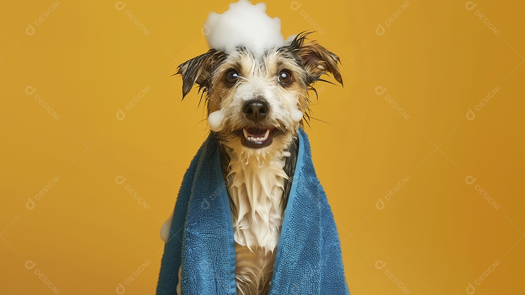 Cachorro peludo molhado com espuma na cabeça e toalha no corpo