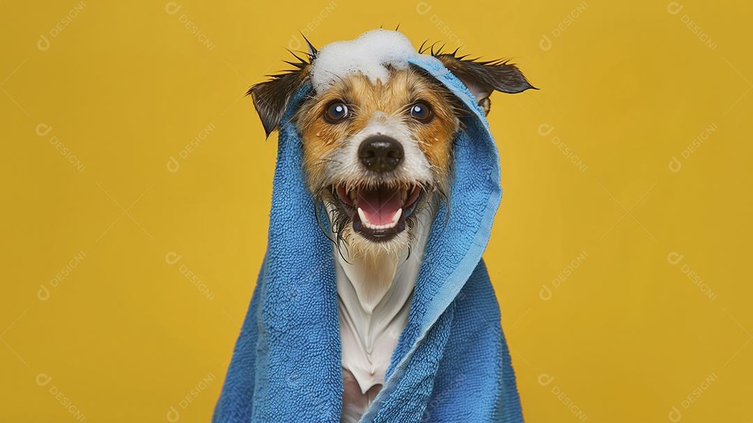 Cachorro peludo com espuma na cabeça e toalha