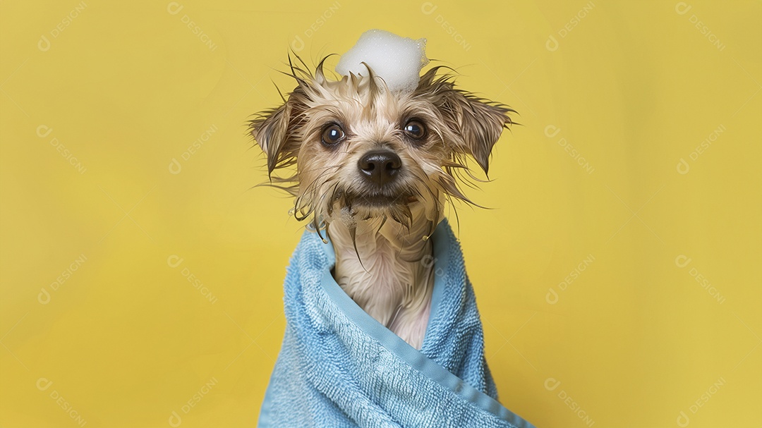 Cachorro peludo molhado com espuma na cabeça e toalha no corpo