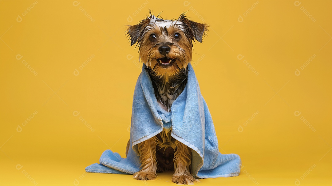 Cachorro fofo com toalha sobre seu corpo