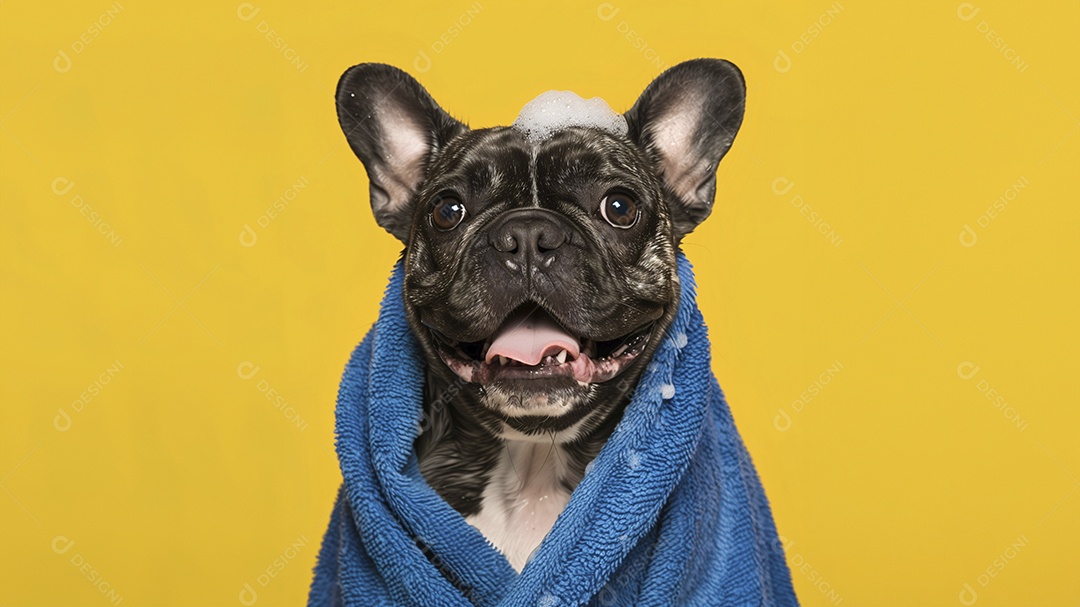 Cachorro fofo preto com toalha azul após o banho