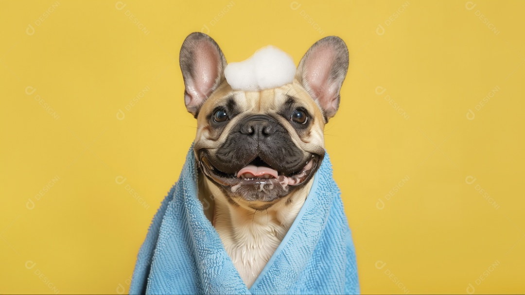 Cachorro fofo de pelagem clara com toalha e espuma