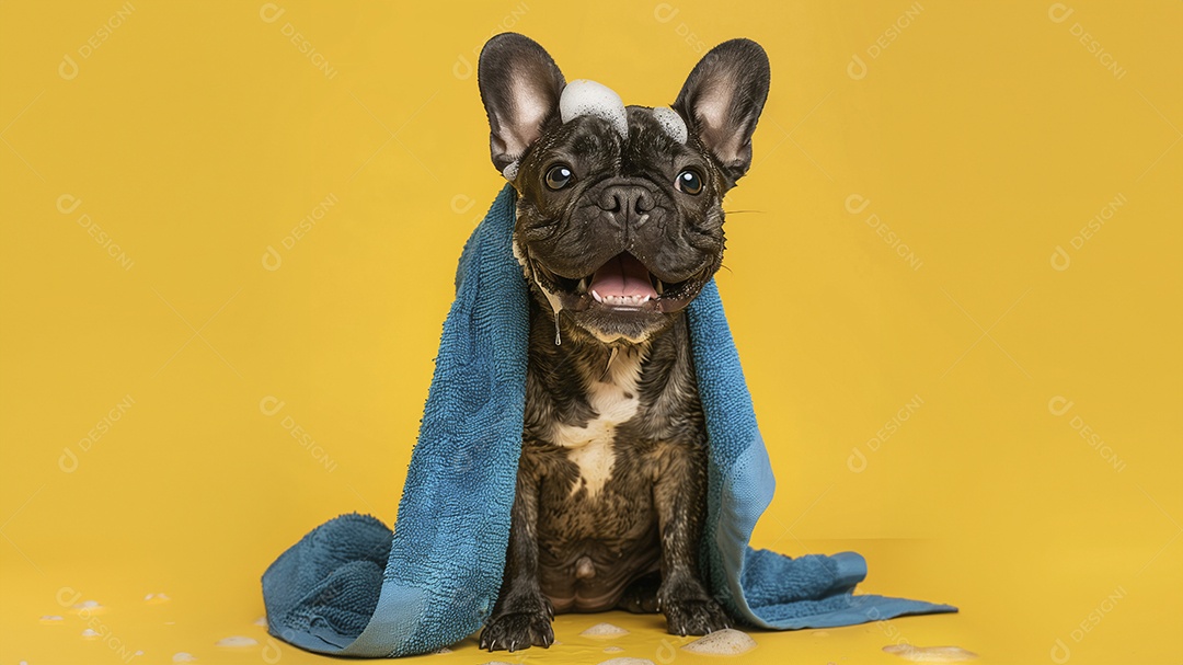 Um filhote fofo com espumas e toalha sobre seu corpo