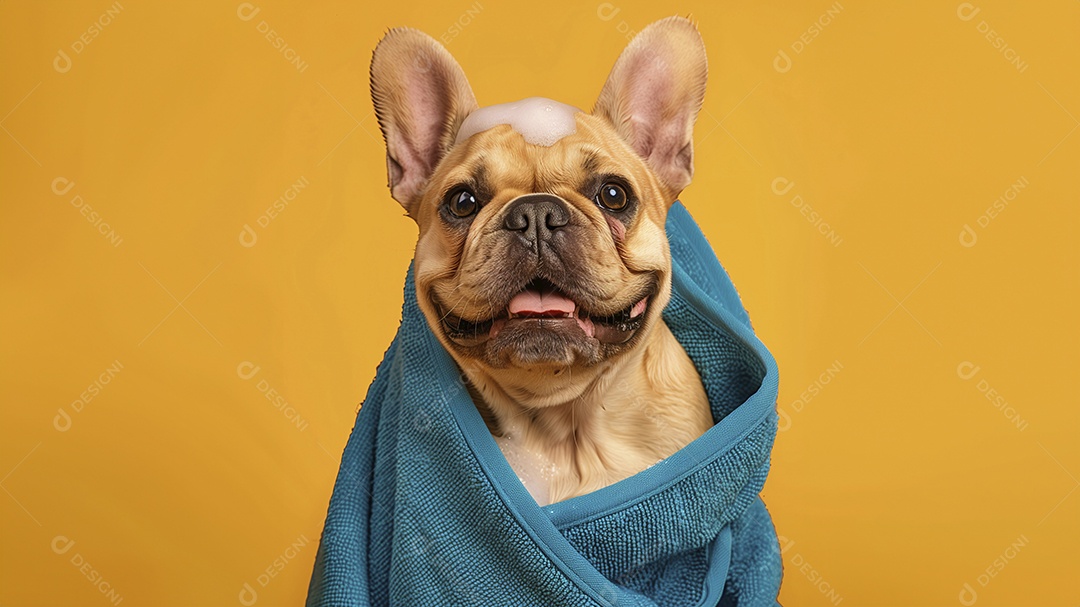 Cachorro fofo de pelagem clara com toalha e espuma