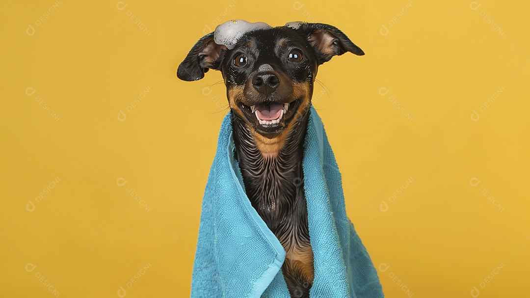 Cachorro preto e fofo com espuma na cabeça e toalha azul