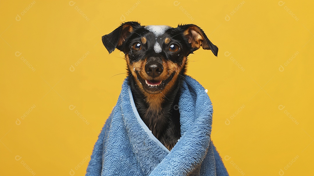 Cachorro de toalha azul e espuma na cabeça