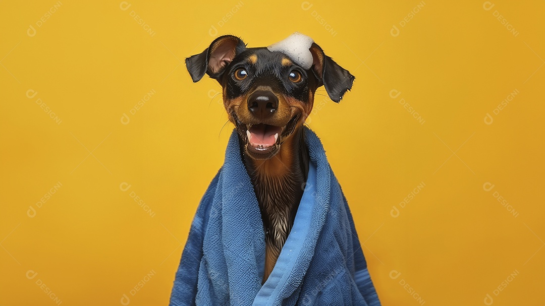Um cachorrinho fofo de toalha azul e espuma na cabeça