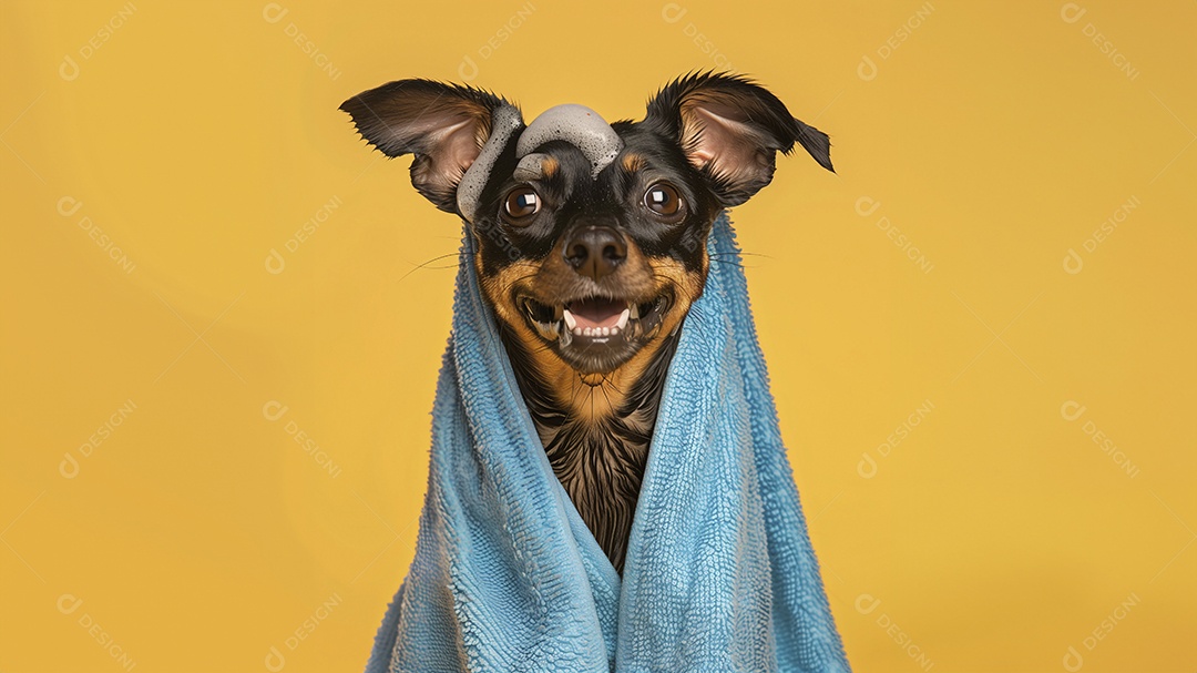 Um fofo pinscher de toalha e espuma na cabeça