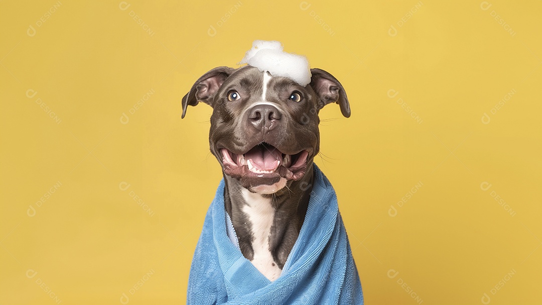 Cachorro fofo com toalha e espuma na cabeça