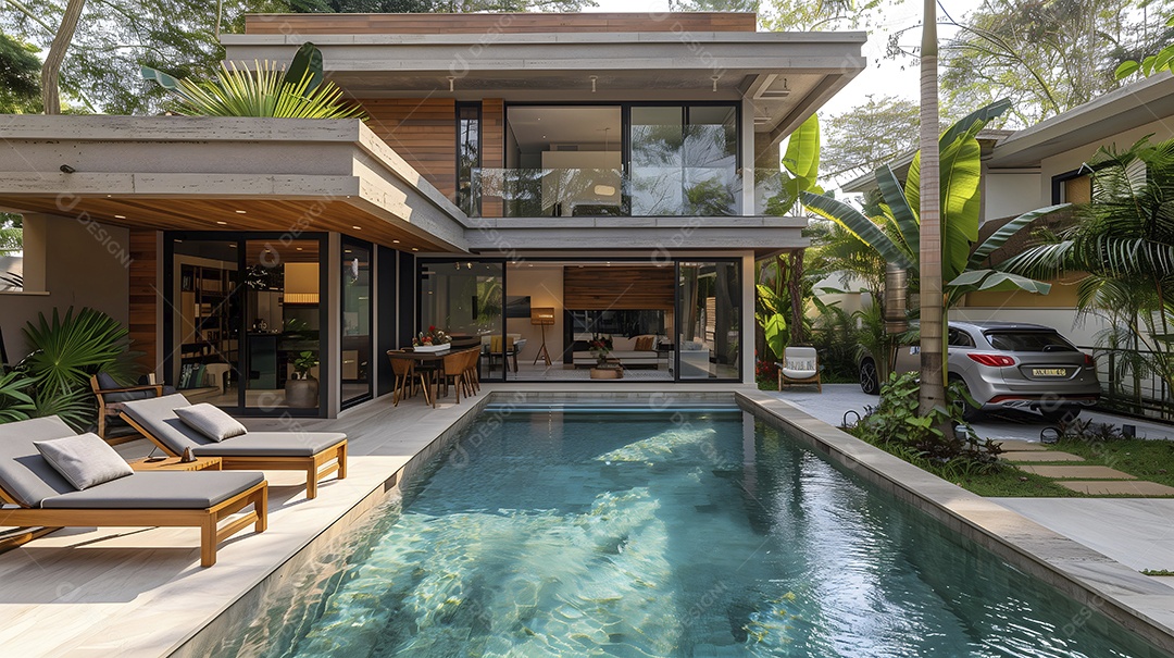 Uma linda casa moderna com uma piscina no solo e jardim no segundo andar