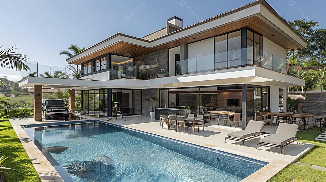 Casa moderna de três andares com piscina e uma vista linda para natureza