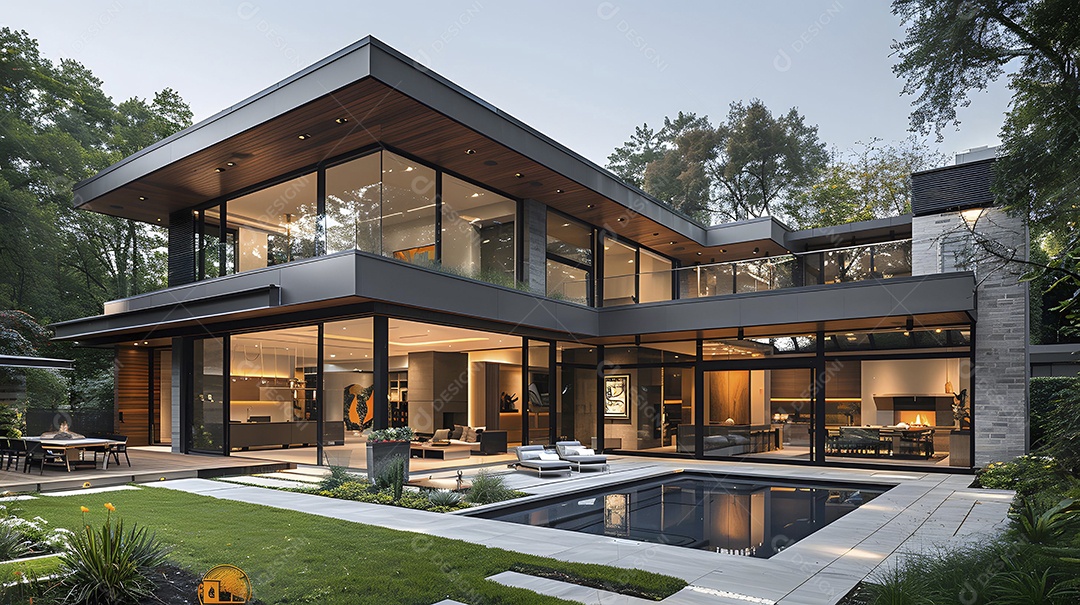 Casa lindíssima com muitos vidros e uma piscina próximo a um jardim