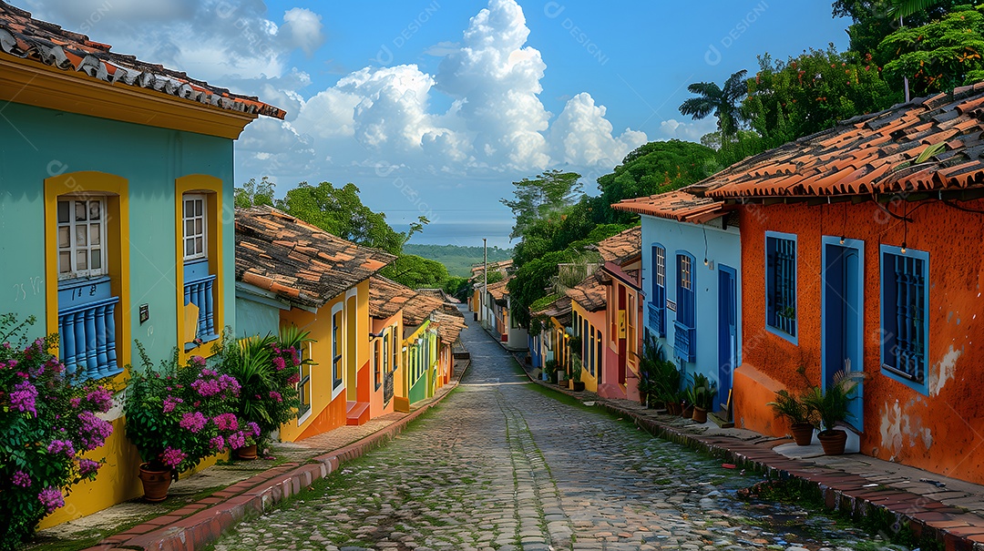 Rua de pedra de uma cidade histórica com casas antigas de cores diferentes