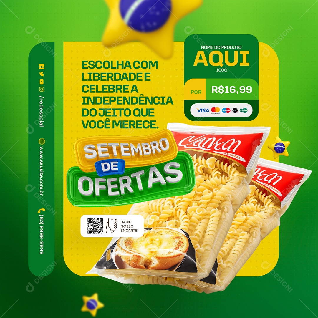 Setembro de Ofertas Supermercado Macarrão Parafuso Social Media PSD Editável