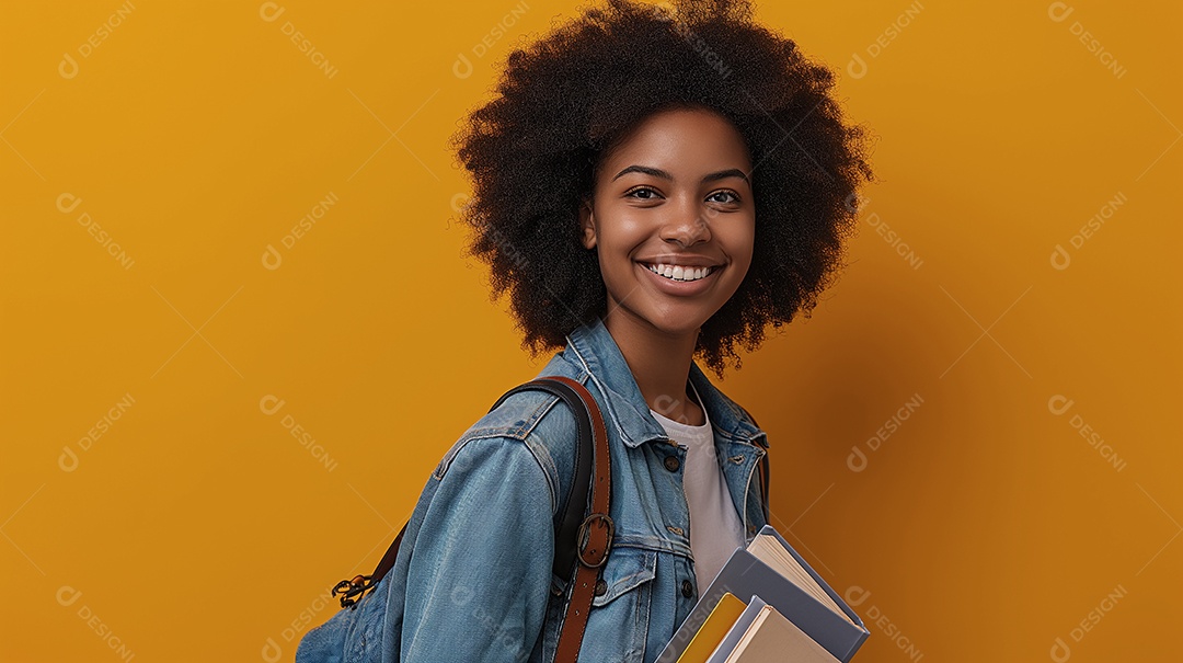 Beautiful young woman with books in her hand and backpack on the coast