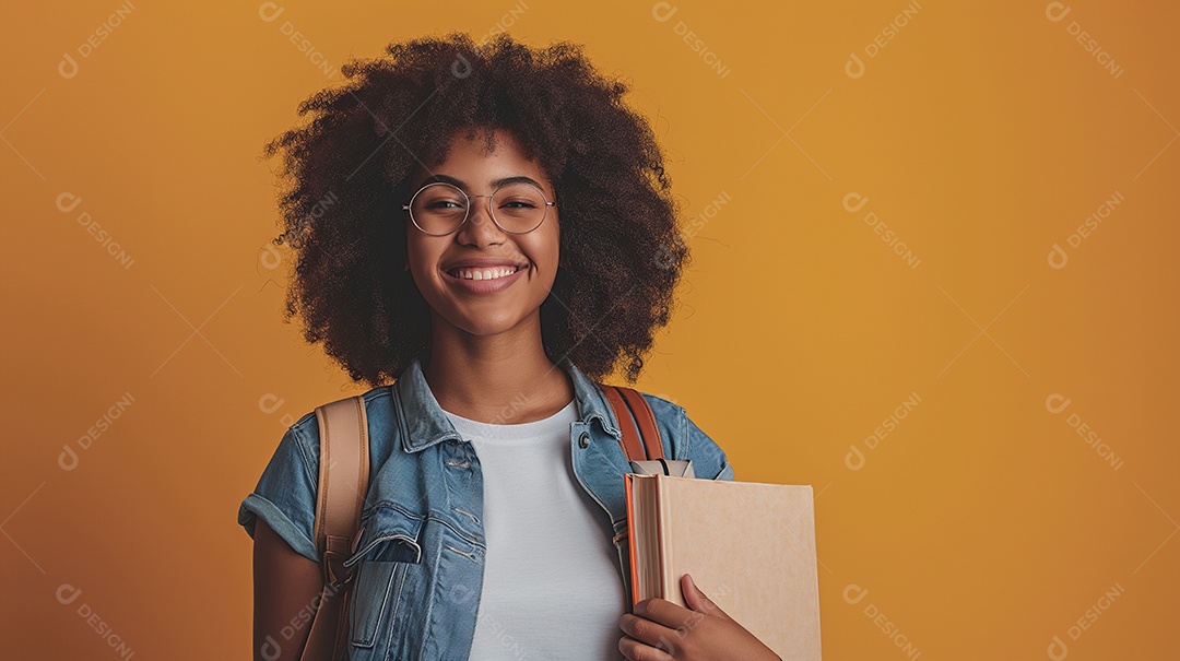 Estudante morena linda segurando livros para estudos