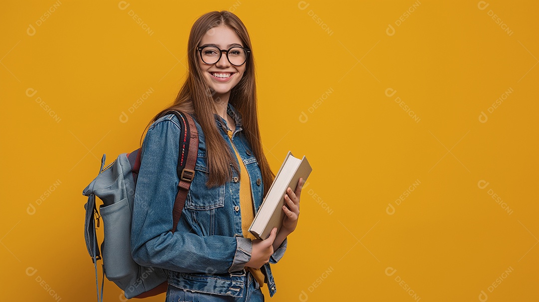 Estudante linda com mochila nas costas segurando livros