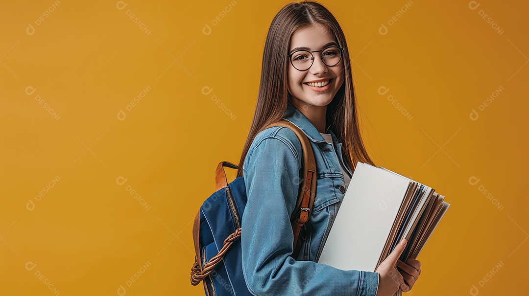 Estudante feliz com mochila nas costa e livros nas mãos