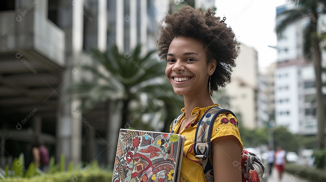 Jovem morena estudante segurando livros