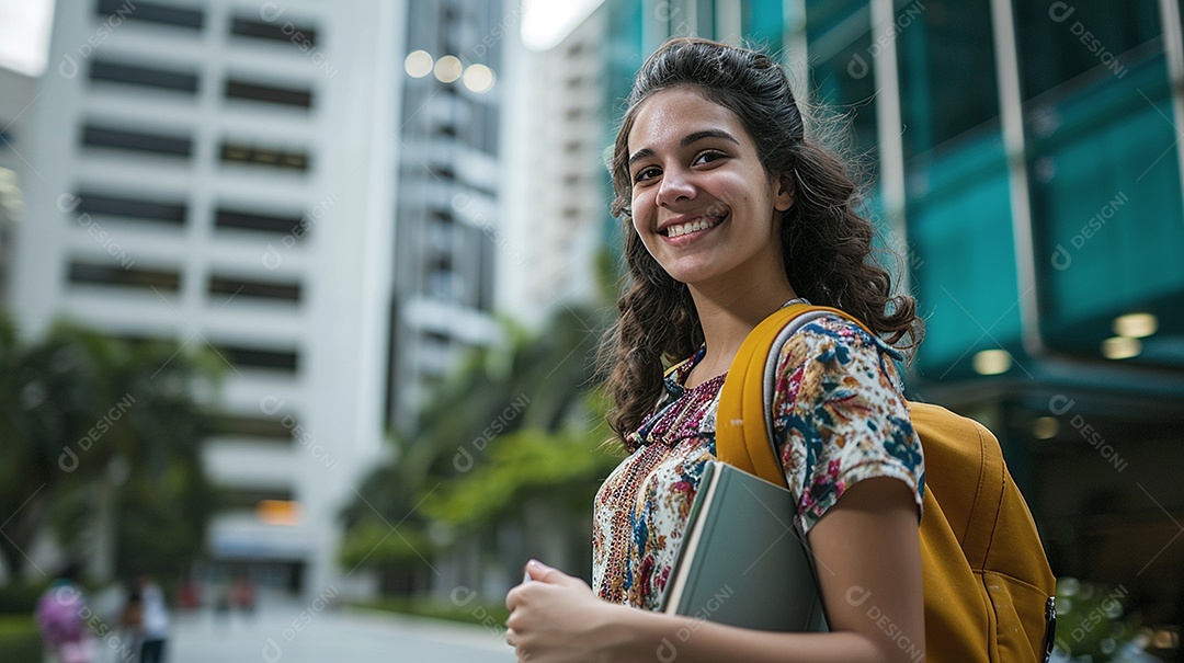 Jovem linda estudante com mochila nas costa e segurando apostila