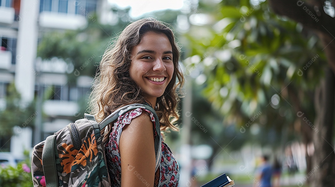 Jovem linda estudante com mochila nas costas