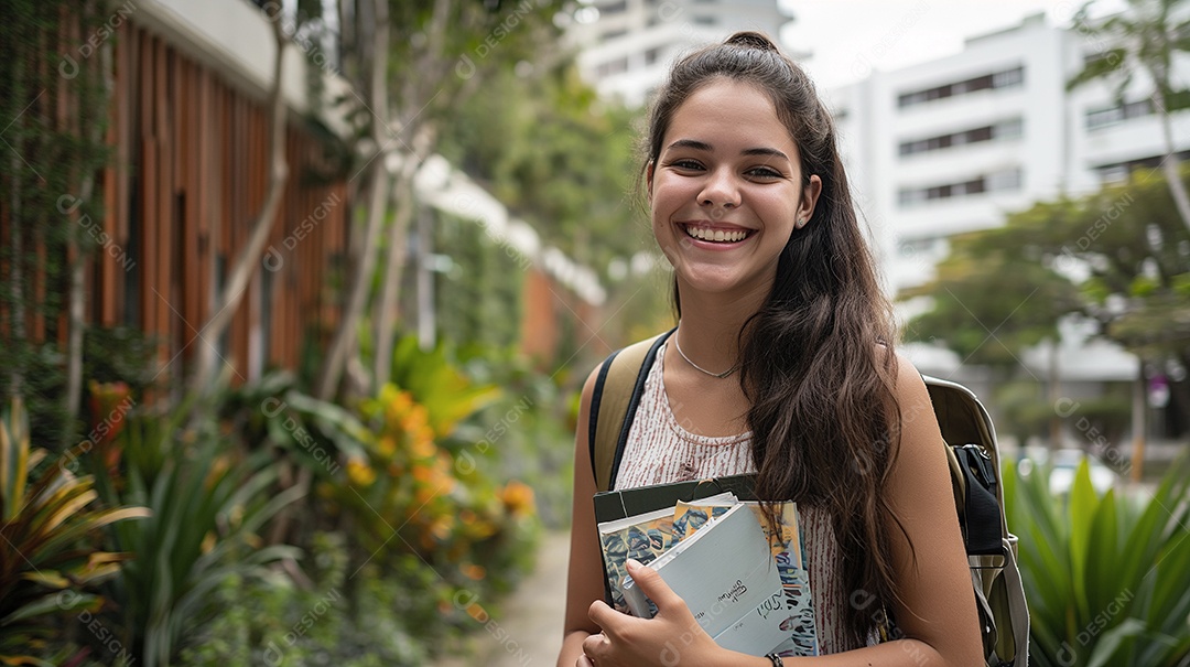 Linda jovem estudante segurando livros