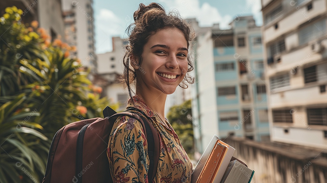 Linda jovem estudante segurando livros