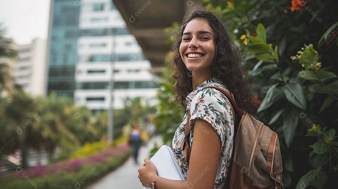 Um linda jovem estuante segurando apostilas