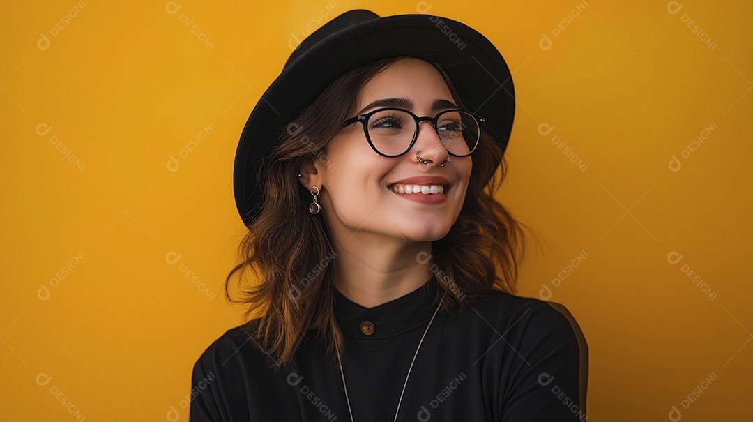 Mulher linda estilosa usando óculos e um chapéu