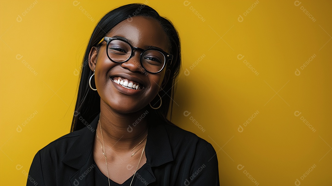 Mulher negra feliz e linda usando óculos