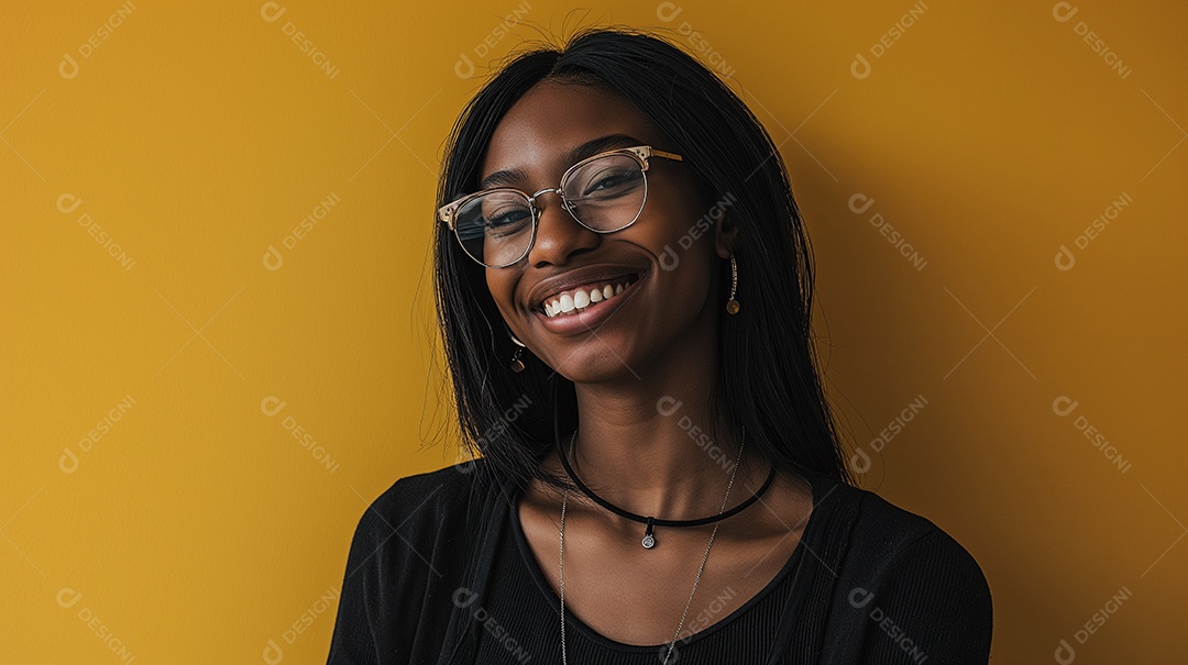 Linda  jovem morena sorrindo usando óculos