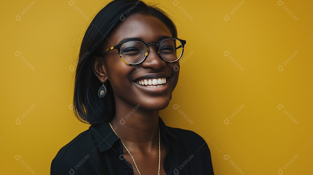 Uma jovem morena linda de óculos e sorridente