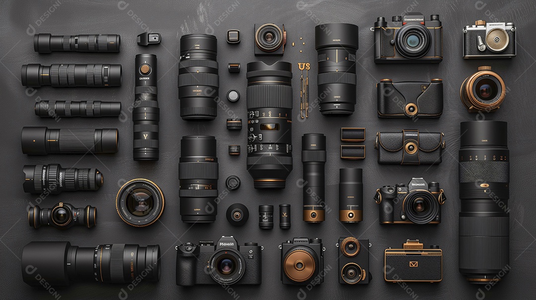 Equipamentos fotográficos modernos lentes e cameras