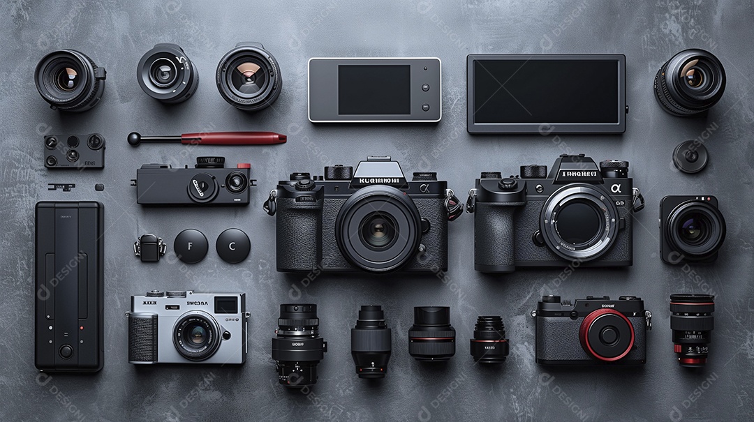 Equipamentos fotográficos modernos lentes e cameras