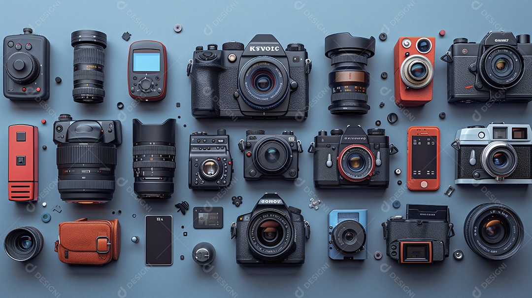 Equipamento fotográfico sobre fundo azul