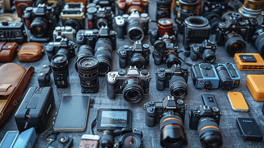 Equipamento de fotográfico moderno sobre uma mesa