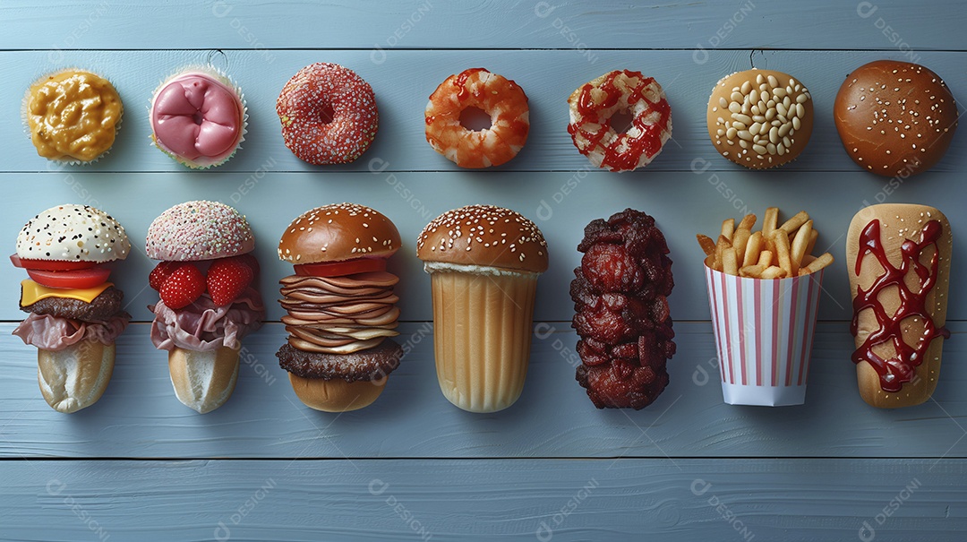 Fast food de guloseimas deliciosas doces bolos