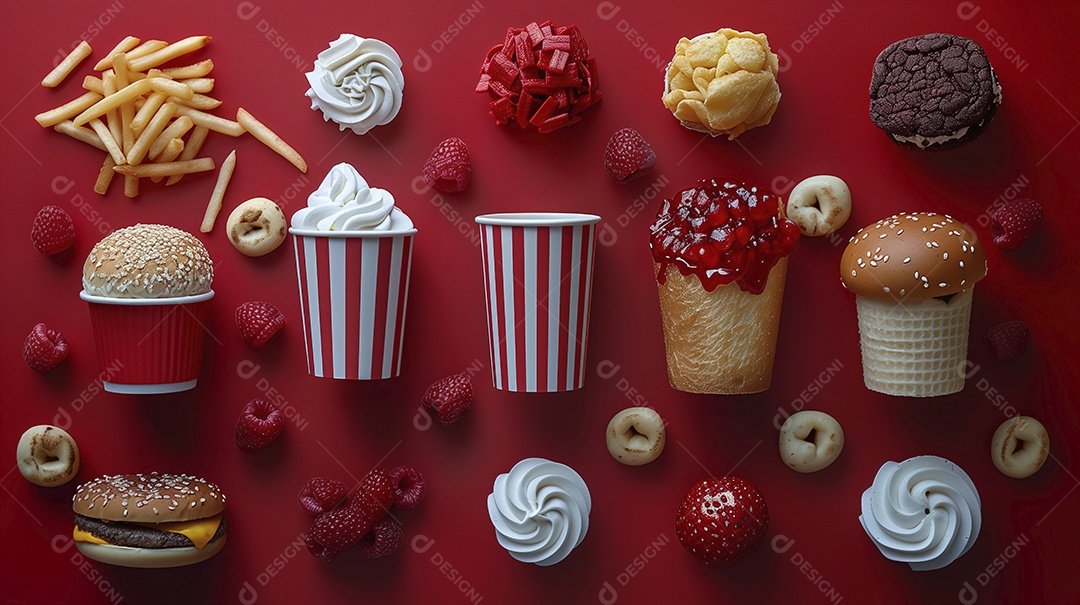 Comidas de fast food completo sobre fundo vermelho