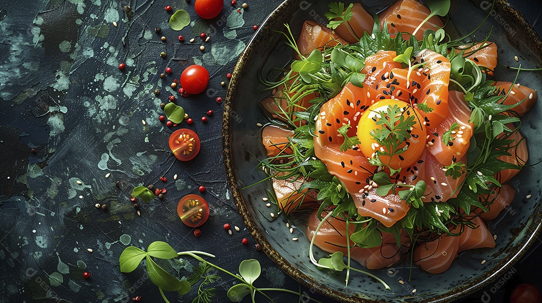 Prato com sushi e hortaliças sobre